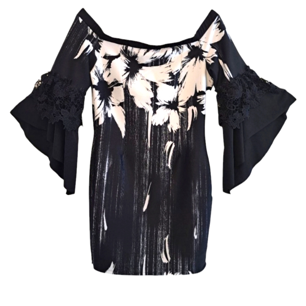 VENUS Off Shoulder Black White Gothic Neutral Floral Bodycon Dress Size Medium